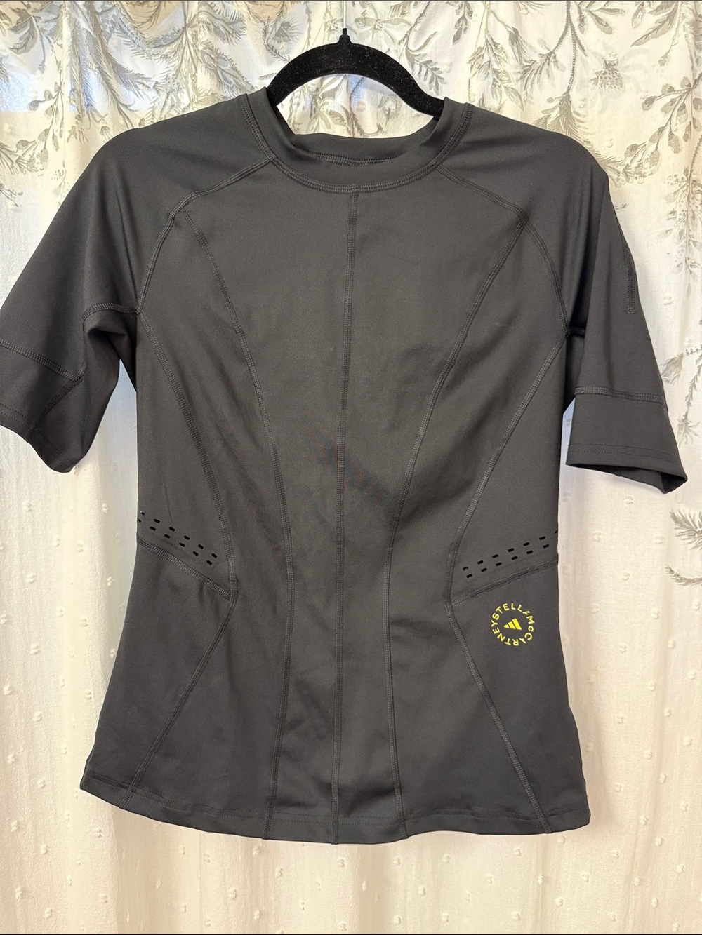 Adidas by Stella McCartney Black Short-Sleeve Performance Top with Yellow Logo